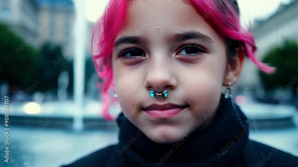 A teenage girl with bright pink hair and a nose ring poses in the center of the urban plaza her face lit up with a mischievous grin. She embodies the rebellious spirit of the city A teenage girl with bright pink hair and a nose ring poses in the center of the urban plaza her face lit up with a mischievous grin. She embodies the rebellious spirit of the city