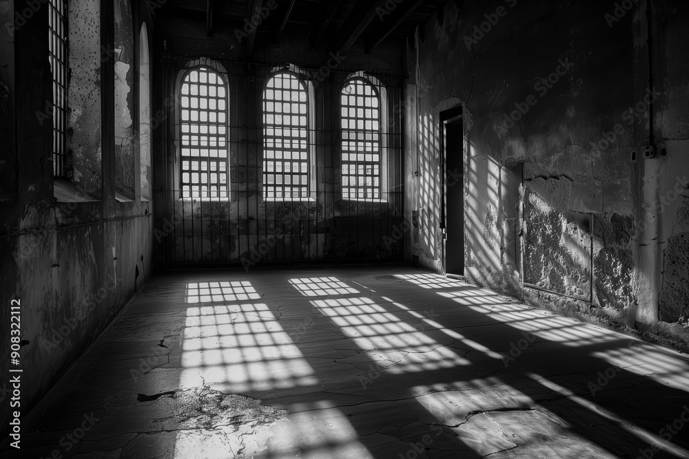 A dark room with a door and three windows A dark room with a door and three windows