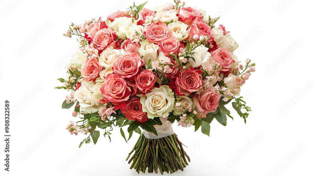 Naklejka premium Bouquet of Beautiful Flowers Isolated on White Background, Vibrant Floral Arrangement, Fresh Blooms, Elegant Flower Bouquet, Colorful Petals, Natural Beauty, High Resolution Image