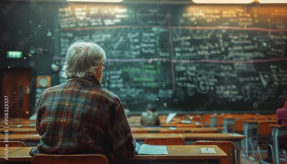 Mathematics lecture complex equations on board professor writing engaged classroom Mathematics lecture complex equations on board professor writing engaged classroom