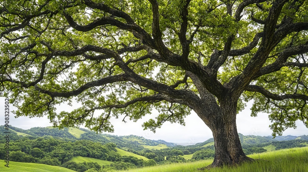 Sprawling Oak Tree in a Scenic Valley, symbolizing shelter and growth, leadership Sprawling Oak Tree in a Scenic Valley, symbolizing shelter and growth, leadership
