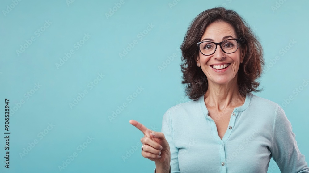 Smiling Woman Pointing at Blue Background 2 Smiling Woman Pointing at Blue Background 2