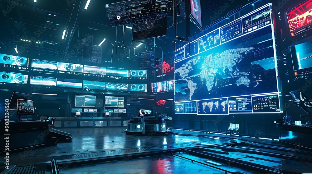 Futuristic Control Room with Monitors Displaying Global Data.