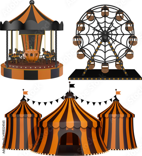 halloween amusement park elements. isolated carousel, circus and ferris wheel with black and orange stripes