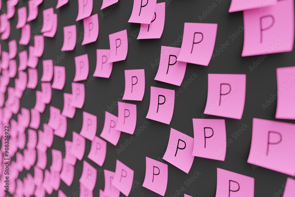 Many pink stickers on black board background with symbol of Botswana pula drawn on them. Closeup view with narrow depth of field and selective focus. 3d render, illustration Many pink stickers on black board background with symbol of Botswana pula drawn on them. Closeup view with narrow depth of field and selective focus. 3d render, illustration