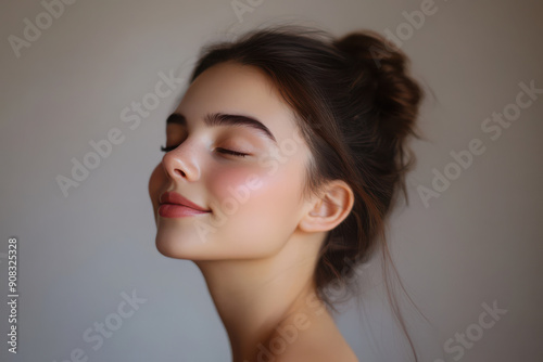 A close up of a girl's face with her eyes closed