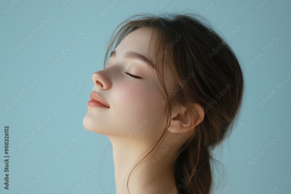 A close up of a girl's face with her eyes closed