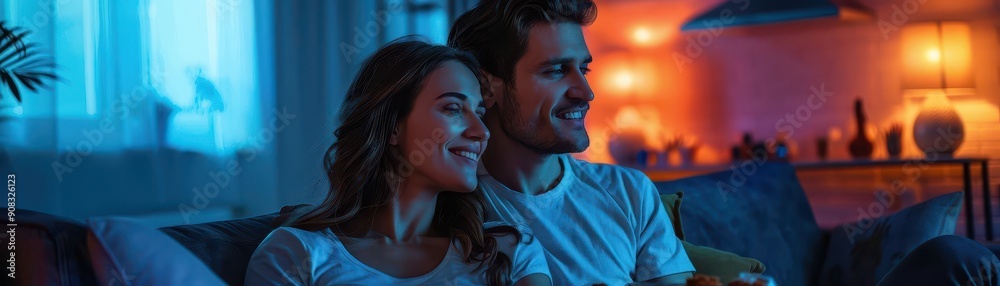 A couple bingewatching romantic movies in a cozy living room A couple bingewatching romantic movies in a cozy living room
