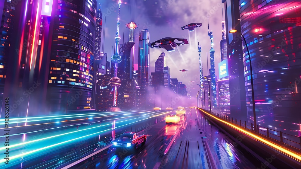 Futuristic Cityscape with Flying Cars and Neon Lights. Futuristic Cityscape with Flying Cars and Neon Lights.