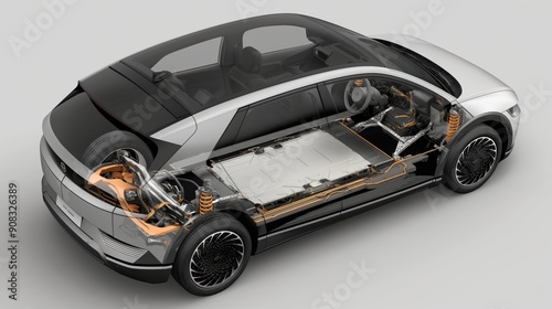 Detailed cutaway view of an electric car showcasing its internal components, including the battery EV, motor, and suspension system, highlighting advanced automotive engineering.