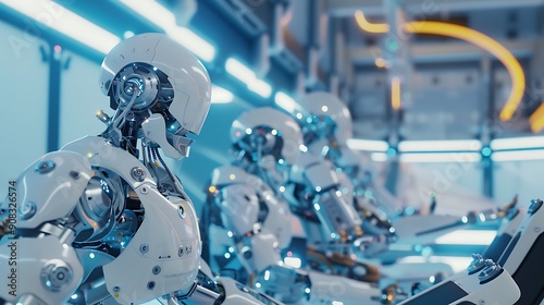 Row of Futuristic Robots in a Modern Factory Setting.