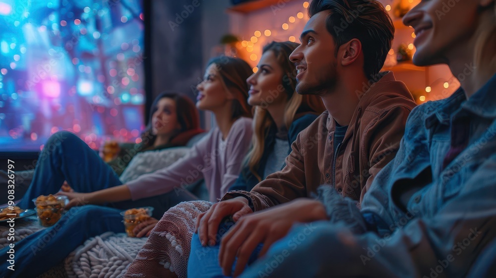 A group of friends bingewatching a series on a large screen A group of friends bingewatching a series on a large screen