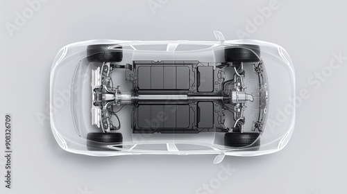 Battery EV Electric Vehicle Energy Technology, The overhead view of an electric car chassis with a transparent body reveals battery, suspension, and drivetrain components.