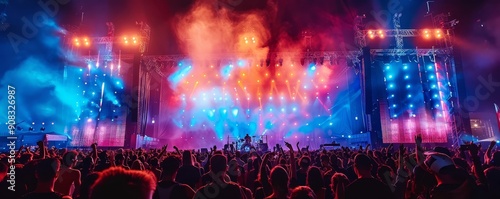 Outdoor music festival vibrant crowd stage lights energetic atmosphere night sky photo