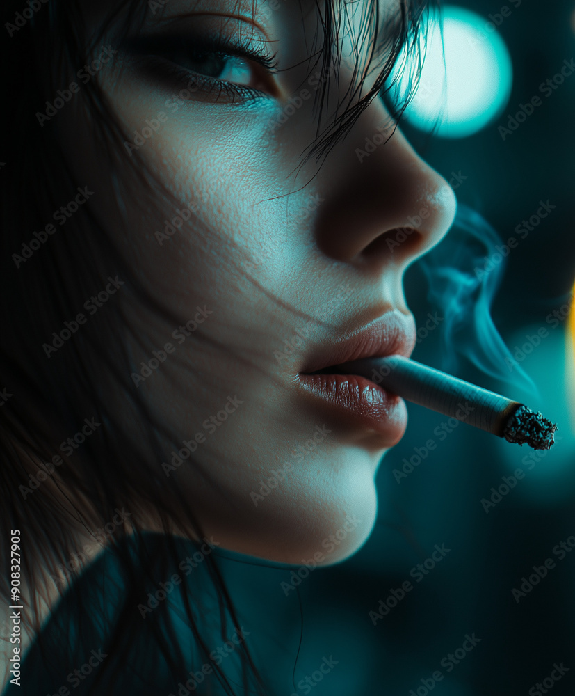 Fototapeta premium Close-up of a Woman Smoking a Cigarette in Moody Lighting 