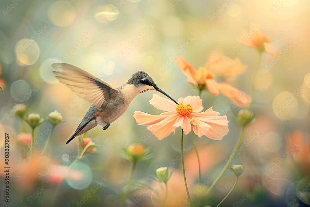 Fototapeta premium Hummingbird Focused Nectar Sipping Amid Blurred Floral Surroundings