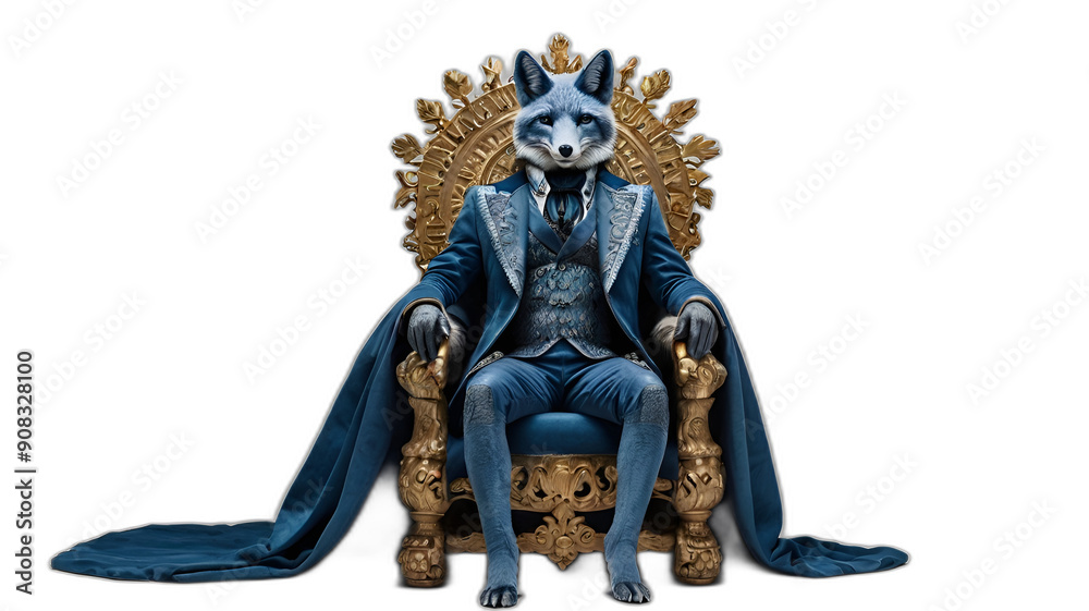 Blue fox sitting on throne chair on a white background