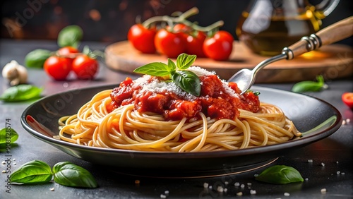 Italian pasta dish with tomatoes olives capers and parsley served at lunchtime