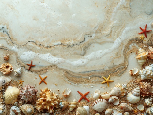 Aesthetic beach-themed composition with assorted seashells, starfish, and natural tones resembling ocean waves for a coastal decorative touch