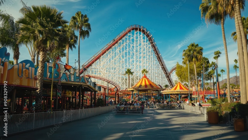 Fototapeta premium Amusement Park Entrance with Roller Coaster