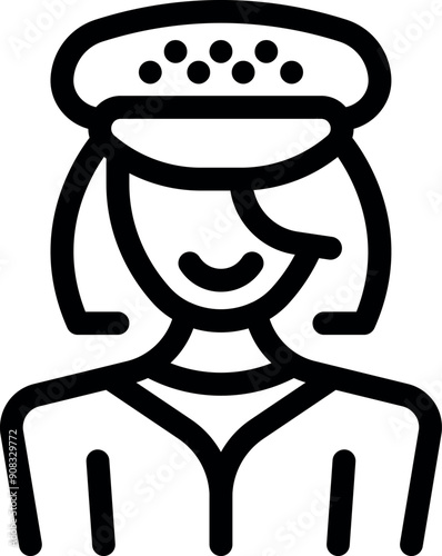 Line art icon of a smiling female police officer wearing a uniform and hat