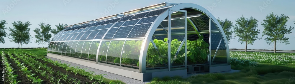 Fototapeta premium Ecofriendly solarpowered greenhouse, demonstrating efficient plant growth, side view, emphasizing renewable energy use, scifi tone, Tetradic color scheme, copy space for text