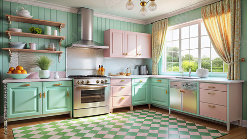 Retro 1950s style kitchen with pastel colored appliances, vintage chrome accents, and ornate patterned curtains, evoking a nostalgic feel of a bygone era. photo