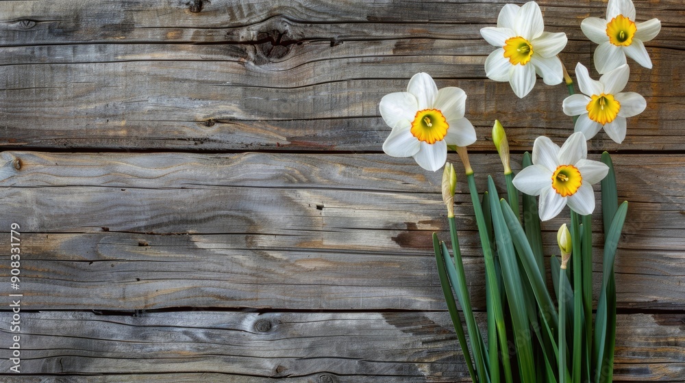 Obraz premium Narcissus flowers on wood backdrop