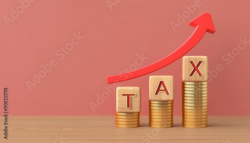 Visual representation of tax growth with wooden blocks and rising coins, symbolizing financial increase and economic progress.