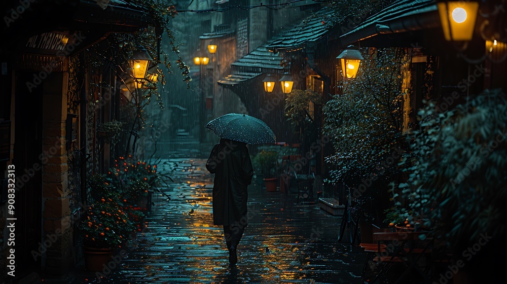 A charming and detailed photo of a narrow alleyway in an old town, glistening with rain and illuminated by soft streetlights. A charming and detailed photo of a narrow alleyway in an old town, glistening with rain and illuminated by soft streetlights.