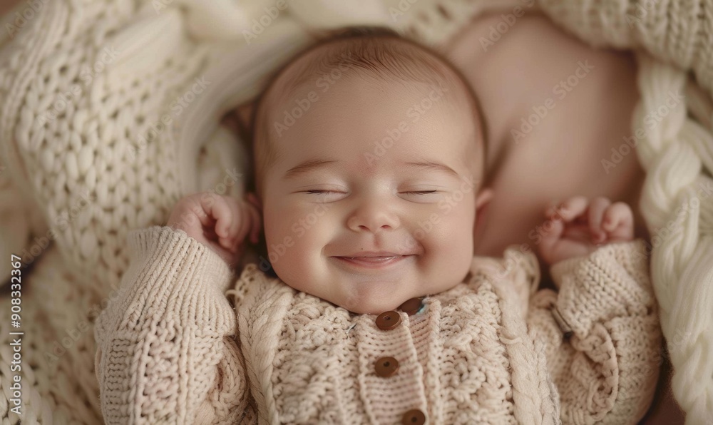 A smiling baby in a knitted sweater. AI. A smiling baby in a knitted sweater. AI.
