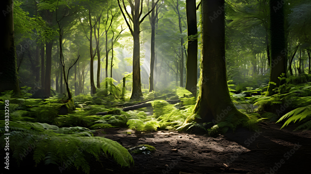 Breathtaking Forest Scenery: A Mesmerising Dance of Sunlight and Shade Across Lush Green Ferns and Towering Trees Breathtaking Forest Scenery: A Mesmerising Dance of Sunlight and Shade Across Lush Green Ferns and Towering Trees