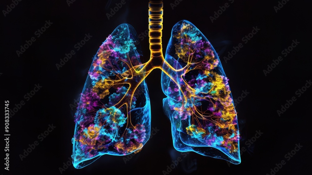 A PET scan image of the human lungs, showing areas of high and low metabolic activity with vibrant color contrasts, set against a dark background to enhance the visibility of the functional regions, A PET scan image of the human lungs, showing areas of high and low metabolic activity with vibrant color contrasts, set against a dark background to enhance the visibility of the functional regions,