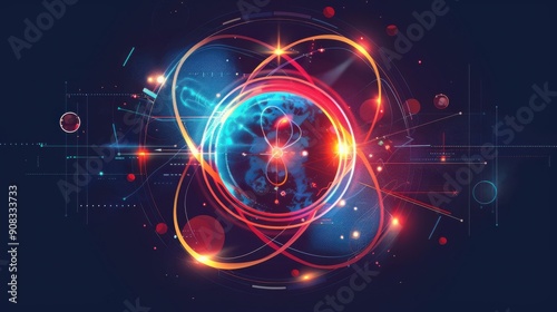 Wallpaper Mural An abstract representation of nuclear medicine, using geometric shapes and vibrant colors to depict the process of radioactive tracer imaging, set against a dark background to create a visually Torontodigital.ca