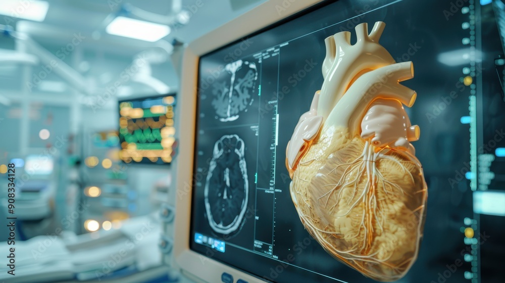 Heart Medical Scan An intricate diagnostic imaging scan of the heart, showcasing the ...