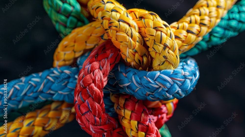 Colorful ropes are tied together in a complex knot, creating a visually intriguing pattern. Colorful ropes are tied together in a complex knot, creating a visually intriguing pattern.