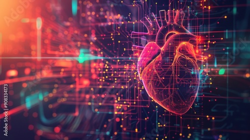 An abstract medical illustration showing a detailed schematic of the human cardiovascular system, with digital enhancements and futuristic design elements, emphasizing the intricate complexity of