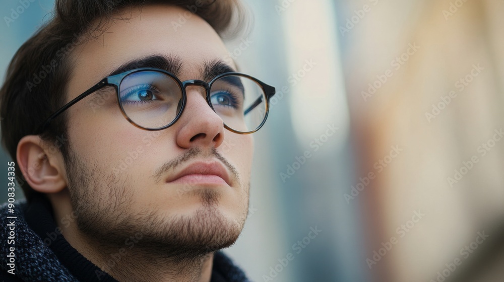 Close-up of Young Man with Glasses Looking Thoughtfully to the Side - Inspiration, Modern Style, Lifestyle Blogs