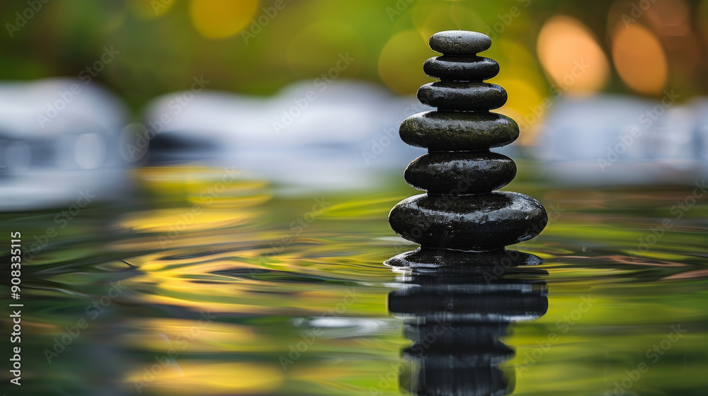 Smooth black stones are stacked in a balanced formation, reflecting on rippling water with a tranquil, blurred nature background. Smooth black stones are stacked in a balanced formation, reflecting on rippling water with a tranquil, blurred nature background.