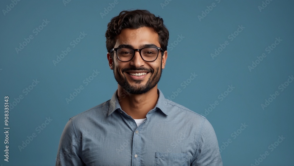 Smiling man with glasses exuding joy in casual look. Smiling man with glasses exuding joy in casual look.