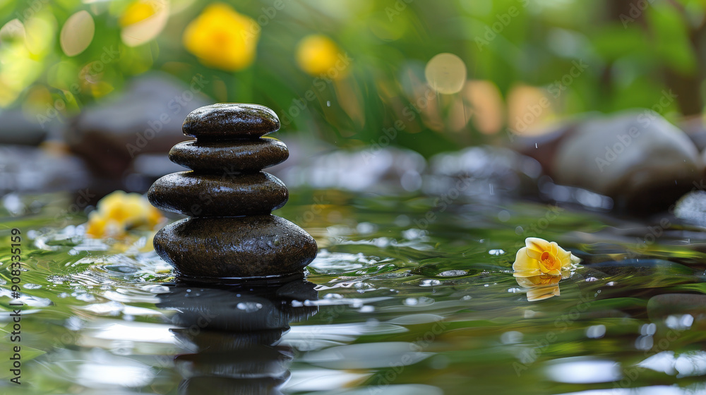 Calm and balanced: a stack of smooth stones in a serene pond, surrounded by delicate yellow flowers and tranquil reflections. Calm and balanced: a stack of smooth stones in a serene pond, surrounded by delicate yellow flowers and tranquil reflections.