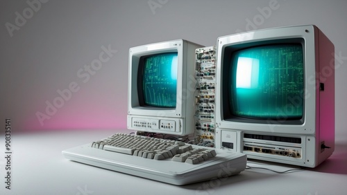 Vintage computer setup with two monitors and keyboard. photo