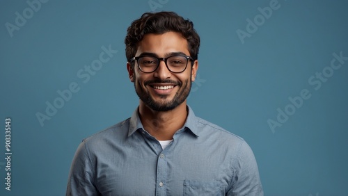 Smiling man with glasses exuding joy in casual look.
