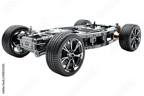 Chrome car chassis with tires isolated on transparent background