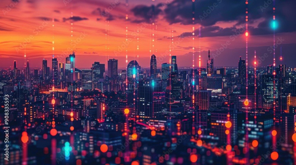 Obraz premium Modern cityscape at sunset with digital data streams overlay, representing technology and connectivity in urban environments.