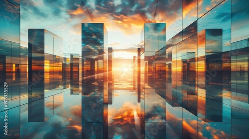 Wallpaper Mural Abstract geometric buildings with mirrored facades reflecting a sunset Torontodigital.ca