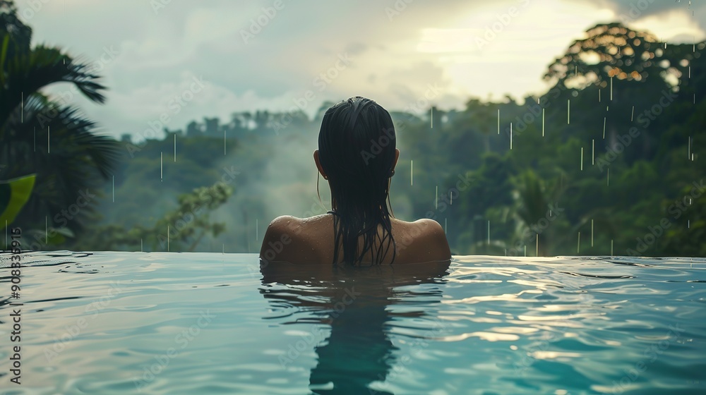Happy Woman in Infinity Pool, Enjoying Warm Tropical Rain Happy Woman in Infinity Pool, Enjoying Warm Tropical Rain