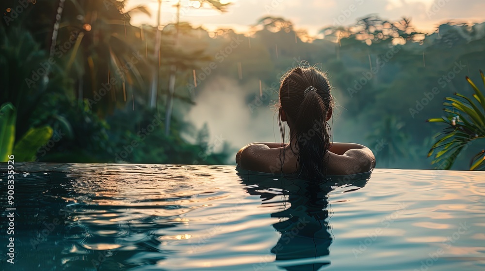 Happy Woman in Infinity Pool, Enjoying Warm Tropical Rain Happy Woman in Infinity Pool, Enjoying Warm Tropical Rain