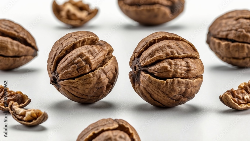 Close-up image of unshelled walnuts on a white background. Close-up image of unshelled walnuts on a white background.