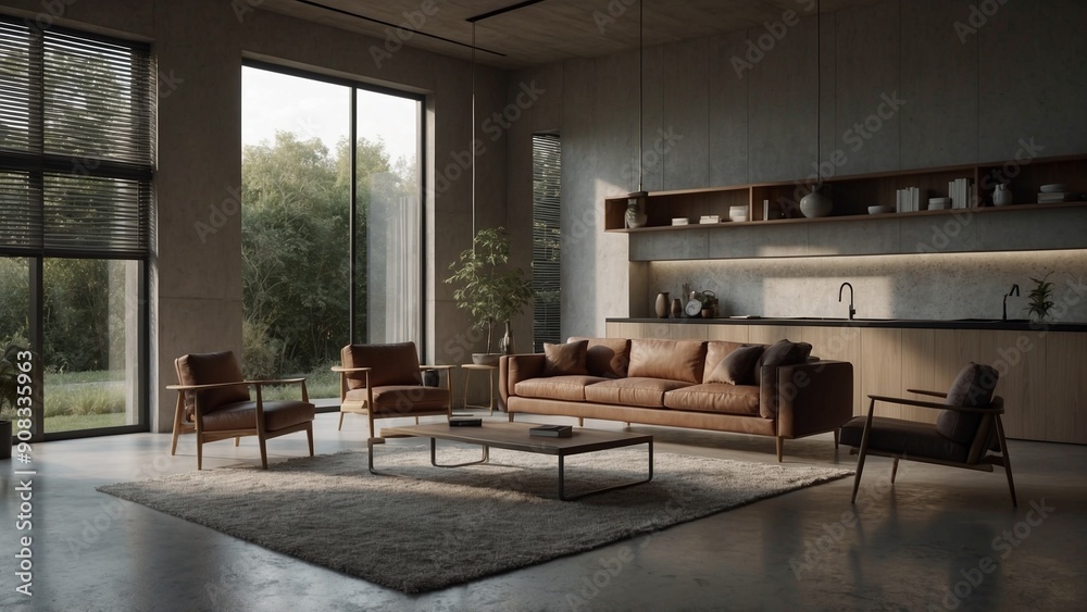 Fototapeta premium Modern living room with large windows and wooden accents.